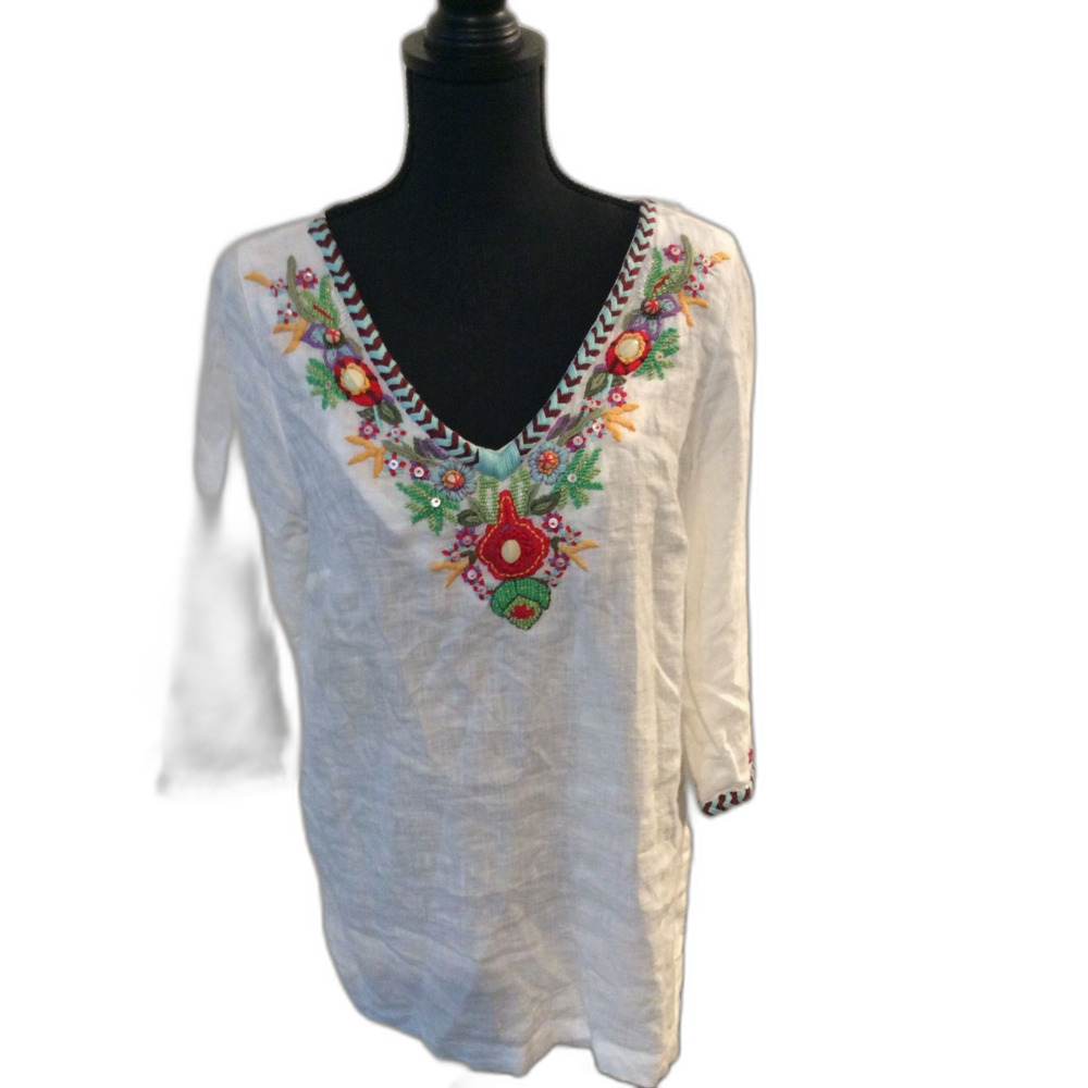 Soft Surroundings Small S boho white embroidered beaded linen tunic shirt